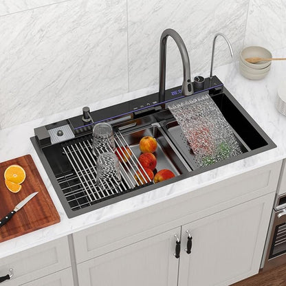 Logmey 33" Smart Dual Waterfall Sink with Digital Display,Water Purifier,Nano PVD Black Drop in Kitchen Sink with Faucet,16 Gauge Stainless Steel Sinks with Temperature Control Knob,5 Buttons,33x19x9