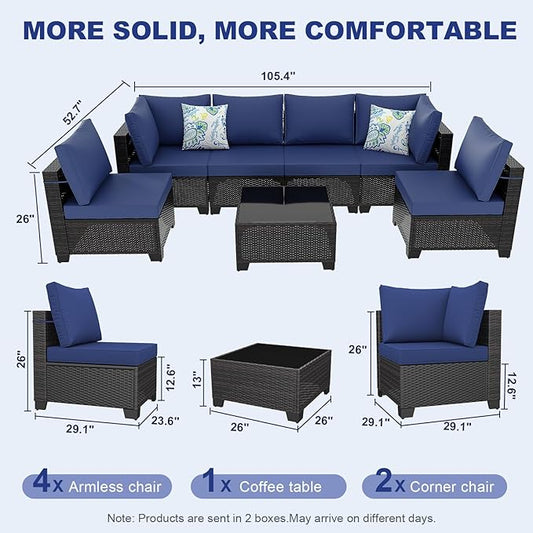 7 Pieces Outdoor Patio Furniture Set, Outdoor Wicker Sectional with Thick Cushions for Garden and Backyard (Brown/Deep Blue)