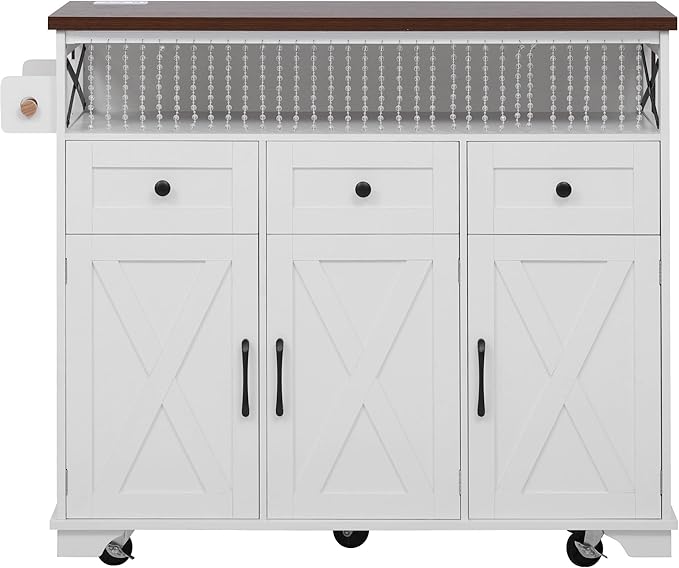Ball & Cast Farmhouse Kitchen Island with Drape of Beads & Power Outlet, Rolling Kitchen Cart on 5 Wheels, 3 Drawers, Internal Iron Shelf & Towel Rack, for Kitchen & Dining Room, White