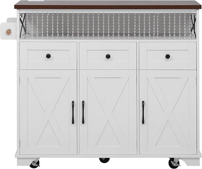 Ball & Cast Farmhouse Kitchen Island with Drape of Beads & Power Outlet, Rolling Kitchen Cart on 5 Wheels, 3 Drawers, Internal Iron Shelf & Towel Rack, for Kitchen & Dining Room, White