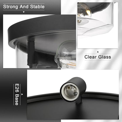 Flush Mount Ceiling Light with Clear Glass Shade, 3-Light Indoor Outdoor Farmhouse Lighting Flush Mount Lights for Kitchen Bedroom Porch Living Dining Room (Black)