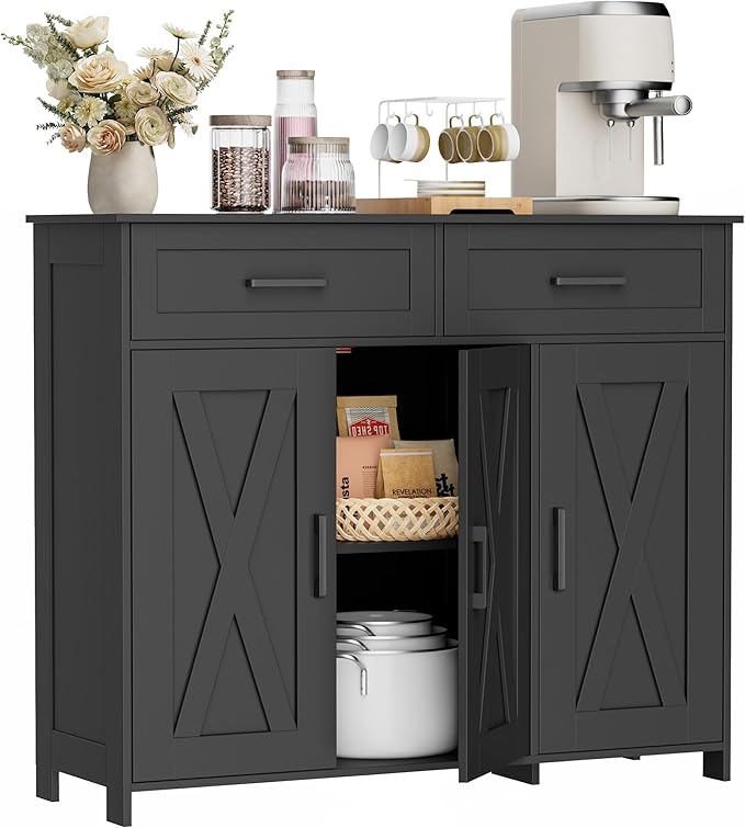Homhedy Sideboard Buffet Cabinet, Coffee Bar Storage Cabinet with Drawers and Doors, Farmhouse Kitchen Cabinet with Adjustable Shelves, for Kitchen, Dining Room, Living Room, Black