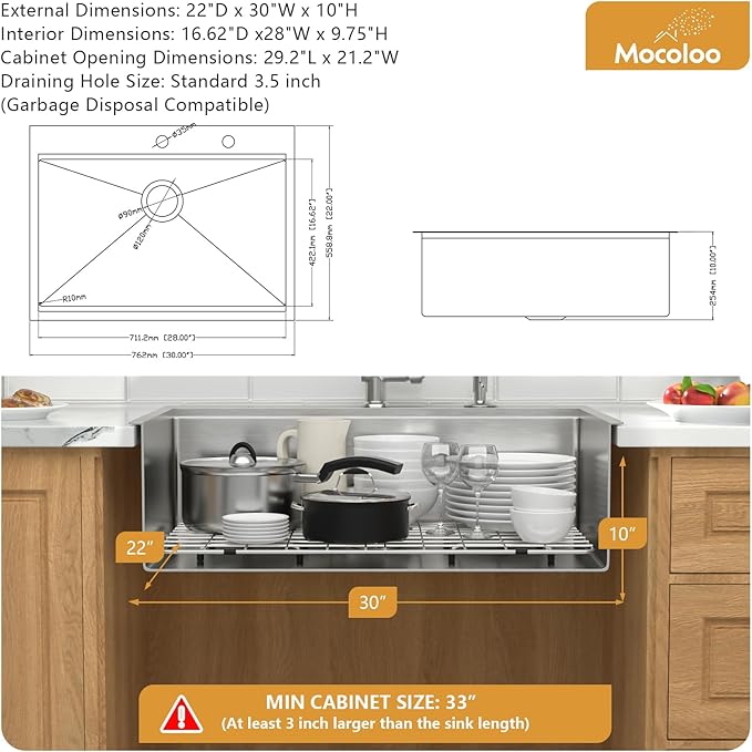 Mocoloo 30 x 22 Inch Drop In Kitchen Sink - 30 Inch Topmount Kitchen Sinks Stainless Steel 16 Gauge Single Bowl Above Counter Handmade Workstation Sink, 10'' Deep Basin Modern