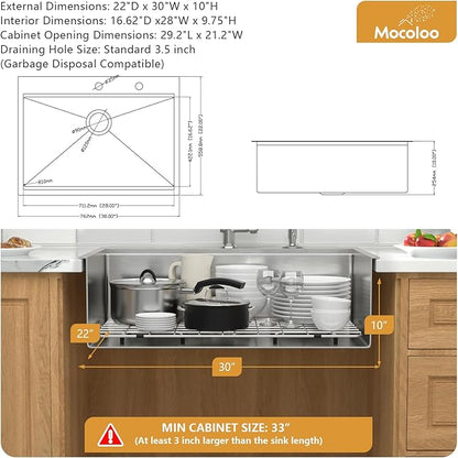 Mocoloo 30 x 22 Inch Drop In Kitchen Sink - 30 Inch Topmount Kitchen Sinks Stainless Steel 16 Gauge Single Bowl Above Counter Handmade Workstation Sink, 10'' Deep Basin Modern