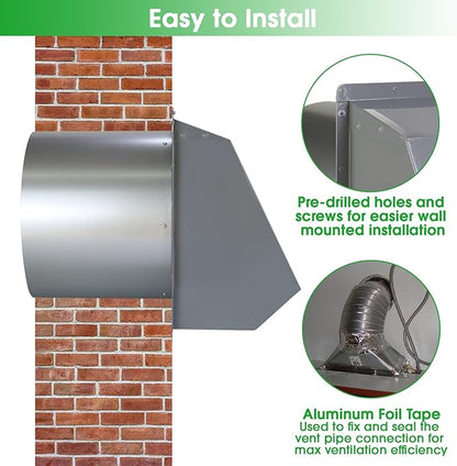 6 Inch Hooded Wall Vent with Screen and Damper,6 Inch Exhaust Vent Cover Cap for Outdoor Kitchen Range Hood Dryer Ventilation,Outside Wall Mount Extractor for House Air Exhaust,Galvanized Steel,Gray