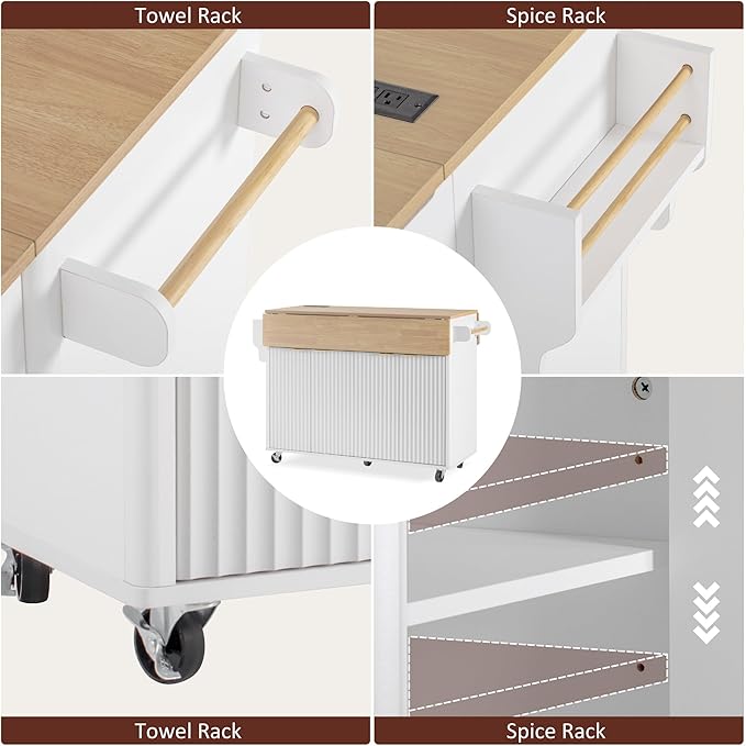 55.5" Fluted Kitchen Island Table with 2 Drop Leaf,Kitchen Storage Cart with Power Outlet,4 Doors,Spice Rack,Rolling Island Table with Faux Marble Top,Curved Edge for Kitchen,Dining Room,White