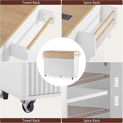 55.5" Fluted Kitchen Island Table with 2 Drop Leaf,Kitchen Storage Cart with Power Outlet,4 Doors,Spice Rack,Rolling Island Table with Faux Marble Top,Curved Edge for Kitchen,Dining Room,White