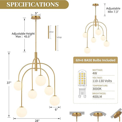 LamQee 6 Lights Mid Century Modern Chandelier, Milk Glass Globe Chandelier Light Fixture with Gold Metal & White Ball, Large Pendant Lighting Ceiling Hanging for Dining Room Kitchen Island Entryway