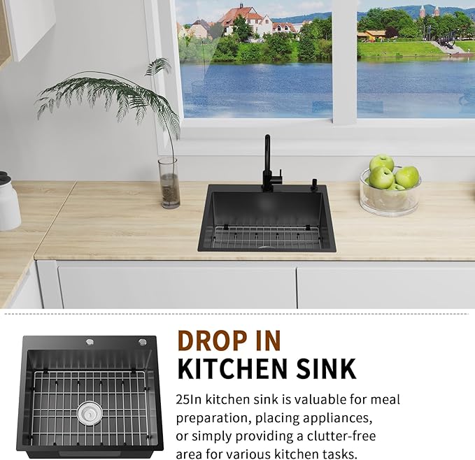 Black Kitchen Sink,25x22 Inch Kitchen Sink Stainless Steel Drop In Kitchen Sink Topmount Stylish and Modern Look Sink With Bottom Grid,Silicon Mat And Drain Assembly Add Elegance & Enhance Usability