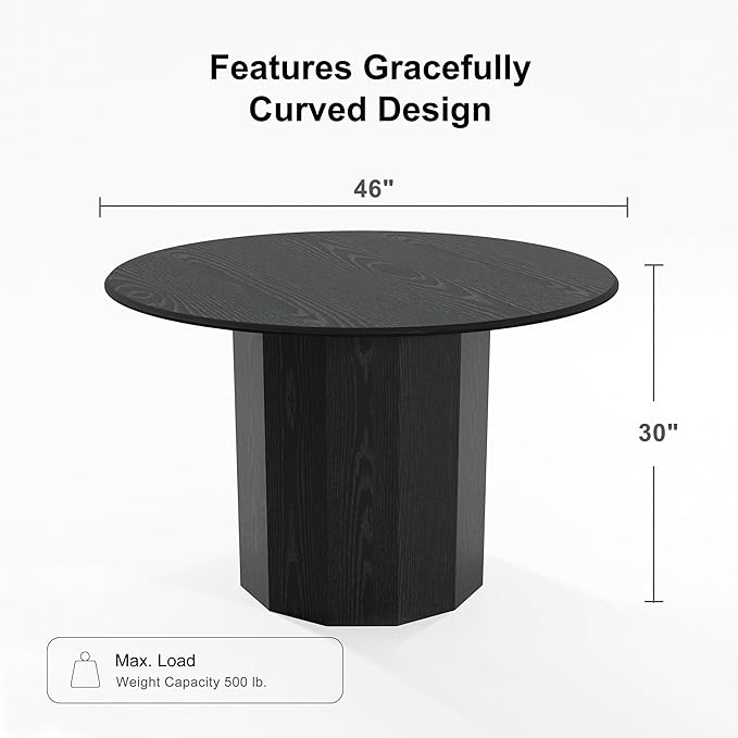 Casaphoria 46" Round Dining Table, Modern Wood Kitchen Table with Cylinder Polygonal Base for Living Room & Dining Room, Easy Assembly Farmhouse Furniture for 4-6, Black