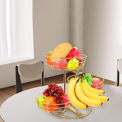 Livabber Fruit Basket Bowl with Banana Hanger, Fruit Vegetable Storage Basket with Banana Tree Holder for Kitchen Counter, Detachable Organizer for Bread Snack Produce (Gold, 3-Tier Metal Base)