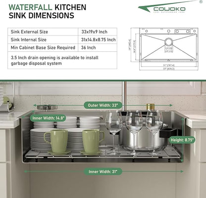 33 Inch Drop In Waterfall Kitchen Sink Workstation Smart 16 Gauge Stainless Steel Single Bowl Waterfall Sinks with Waterfall Faucet Combo and Cup Washer Set
