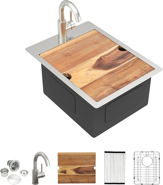 15"x20" Drop In Bar Prep Sink Workstation – 16 Gauge 304 Stainless Steel Top Mount Overmount Wet Bar RV Outdoor Kitchen Sink with Faucet