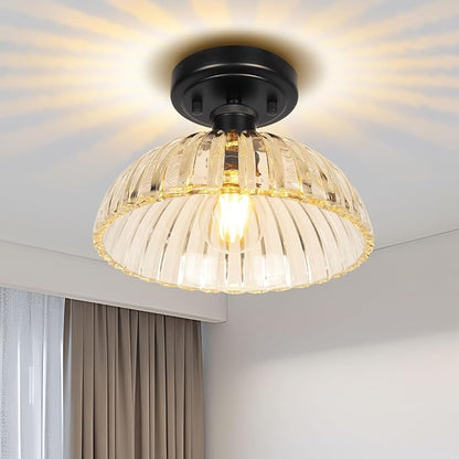 JYZ Semi Flush Mount Ceiling Light, Black Ceiling Light Fixture with Ribbed Glass Shade, Vintage Light fixtures for Hallway, Entryway, Bathroom, Kitchen, Bedroom