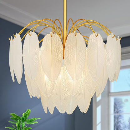 LumFurn 6-Light Gold Chandeliers, Modern 3-Tier Pendant Light Fixture for Dining Room, Living Room, Adjustable Height 19~51", Frosted Feather-Shaped Glass Shade & Brass Finish Frame