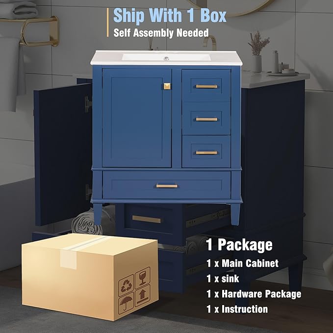 GDFStudio 30" Bathroom Vanity Sink Combo with 3 Drawers & 1 Soft Closing Door Floor Mount Freestanding Wood Bathroom Storage Cabinet Set with Ceramic Basin Sink Top for Small Bathroom Space, Blue