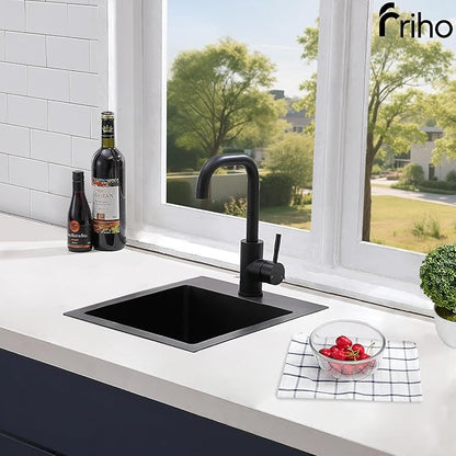 Friho 15x15 Inch Drop In Black Bar Sink, 16 Guage Stainless Steel Topmount Outdoor RV Small Kitchen Sink, 15 Inch Wet Prep Single Bowl Utility Bar Sink With Dish Grid & Drain