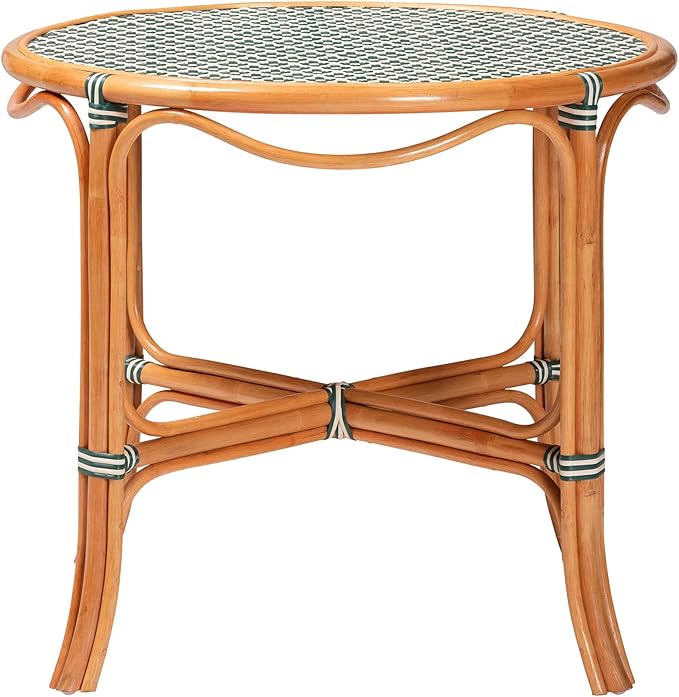 Bali & pari Mattie Natural Rattan Round Bistro Dining Table - Handwoven Cafe-Style Accent Table for Kitchen or Indoor/Outdoor Lounge, Dark Teal Green & White