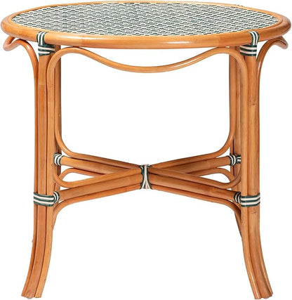 Bali & pari Mattie Natural Rattan Round Bistro Dining Table - Handwoven Cafe-Style Accent Table for Kitchen or Indoor/Outdoor Lounge, Dark Teal Green & White