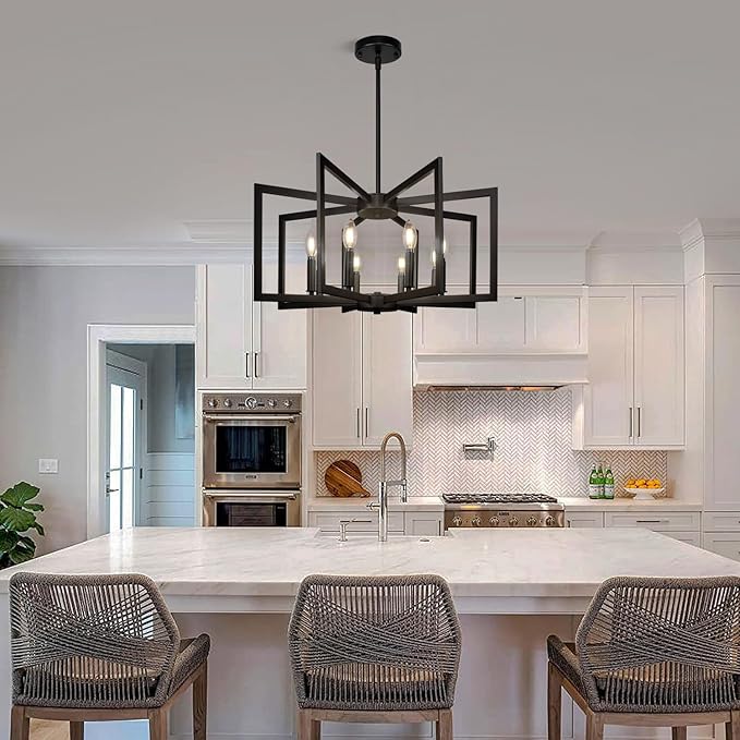 Sigaitwei 8-Light Large Black Chandelier,Dining Room Light Fixture Geometric Metal Modern Chandelier,Hanging Industrial Metal Chandelier for Kitchen Island Entryway Stairway Foyer Hallway.