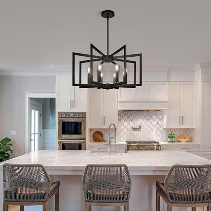 Sigaitwei 8-Light Large Black Chandelier,Dining Room Light Fixture Geometric Metal Modern Chandelier,Hanging Industrial Metal Chandelier for Kitchen Island Entryway Stairway Foyer Hallway.