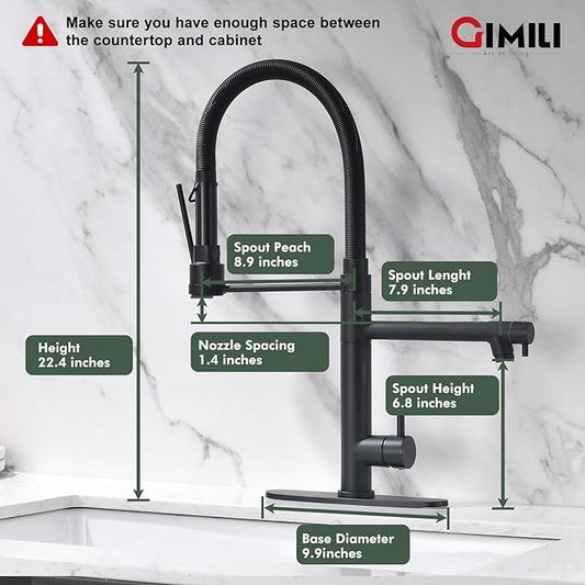 GIMILI Commercial Dual-Spout Black Kitchen Sink Faucet with Pull Down Sprayer