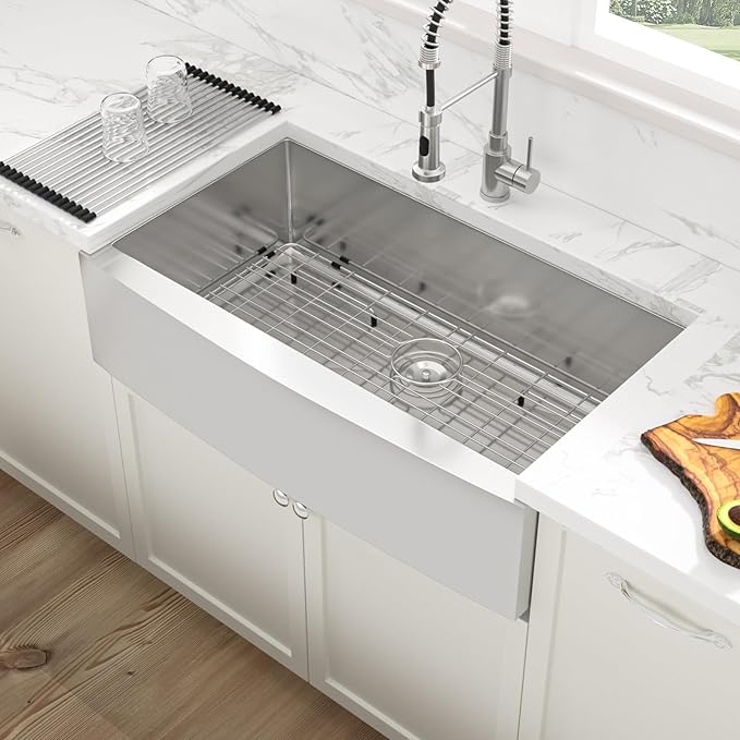 Sarlai 36 Stainless Steel Farmhouse Sink- 36x21 Inch Farmer Sink Apron Front Kitchen Sinks 16 Gauge Single Bowl Farm Sinks Basin Round Corner