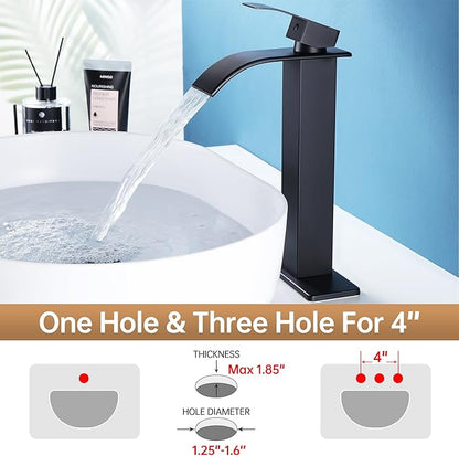 Fransiton Tall Vessel Sink Faucet Matte Black Faucet for Bathroom Sink Tall Waterfall Bathroom Faucet Single Handle 1 or 3 Hole Wash with Pop-up Drain