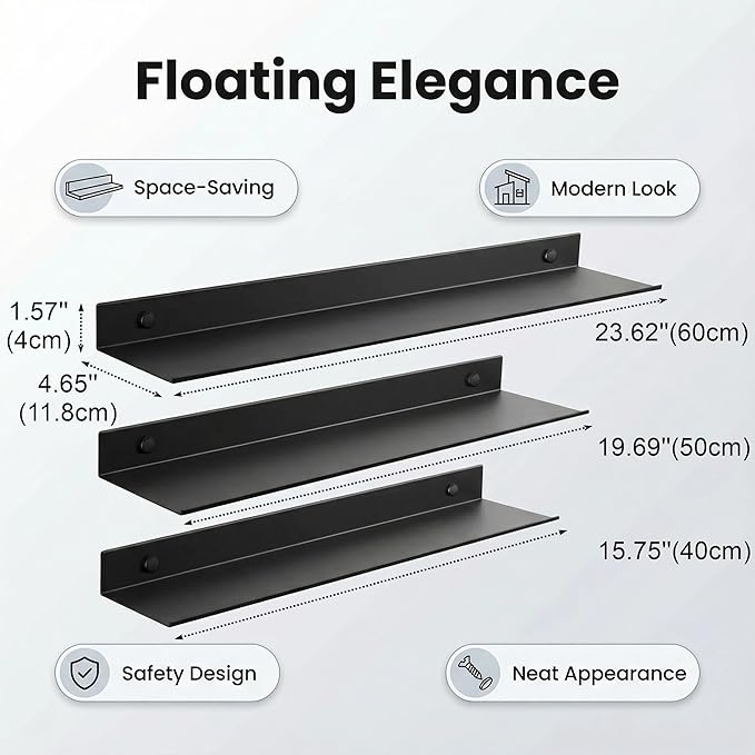 Z metnal Bathroom Shelf, Small Floating Wall Shelves, Decorative Ledge Shelf, Aluminum, Wall Mounted, Matt Black, 24/20/16 inch, 3 Set