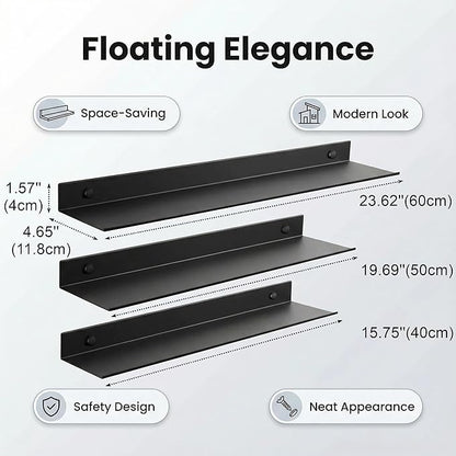 Z metnal Bathroom Shelf, Small Floating Wall Shelves, Decorative Ledge Shelf, Aluminum, Wall Mounted, Matt Black, 24/20/16 inch, 3 Set