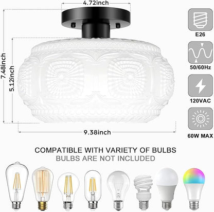 Semi Flush Mount Ceiling Light, Milk Glass Shade Modern Ceiling Light Fixture, Vintage Black Lighting for Hallway Bedroom Entryway Kitchen Porch