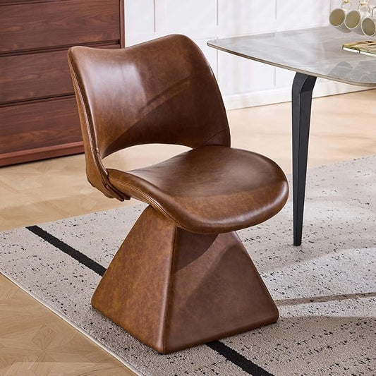 Modern Swivel Dining Chair, Comfy Upholstered Kitchen Chair with Curved High Backrest and Solid Wood Frame for Kitchen Island, Desk, Living Room, Faux Leather (1, Brown)