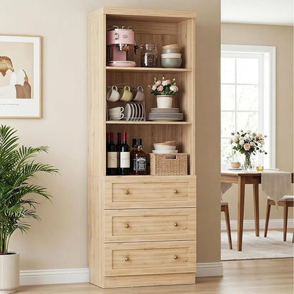 Cyclysio 80" Kitchen Pantry Cabinet with 3 Drawers, Tall Storage Cabinet Wood Food Pantry with Thickened Top Panel and Adjustable Shelves, Versatile Cupboard for Kitchen, Dining Room (1, Natural)