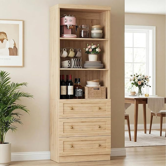 Cyclysio 80" Kitchen Pantry Cabinet with 3 Drawers, Tall Storage Cabinet Wood Food Pantry with Thickened Top Panel and Adjustable Shelves, Versatile Cupboard for Kitchen, Dining Room (1, Natural)