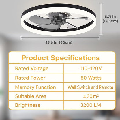 Fszdorj 23.6'' Ceiling Fan with Light, Upgraded Low Profile Fan, Flush Mount Ceiling Fan, 6 Speeds, Dimmable LED, App & Remote Control, Quiet DC Motor, for Bedroom, Living Room, F115 Black