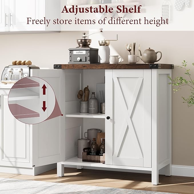 GarveeHome Small Storage Cabinet, Farmhouse Sideboard Buffet Cabinet with 2 Doors and Adjustable Shelves, Accent Entryway Console Cabinets for Living Room, Dining Room (White+Brown, 2 Pieces)