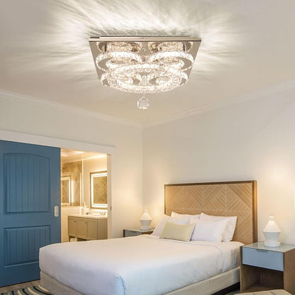 Modern 5-Ring Crystal Ceiling Light, 13.3" Dimmable LED Flush Mount Chandelier, K9 Crystal Close-to-Ceiling Lamp with Stainless Steel Base for Bedroom, Hallway, Dining Room