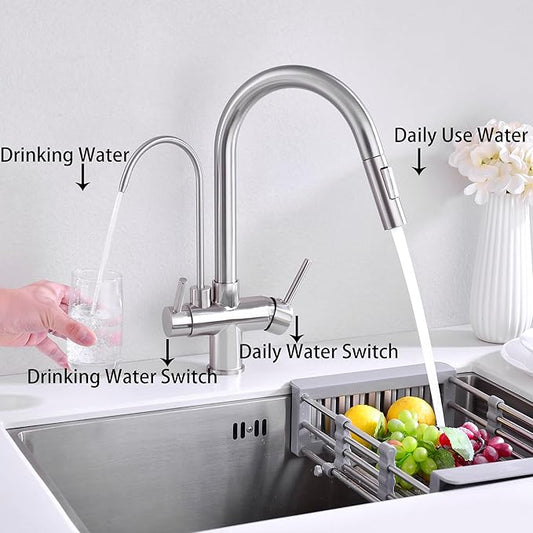 TUTEW Kitchen Faucet with Pull Down Sprayer, Kitchen Sink Faucet with Drinking Water Faucet,2 Handle 3 in 1 Water Filter Purifier Faucets,Brushed Nickel