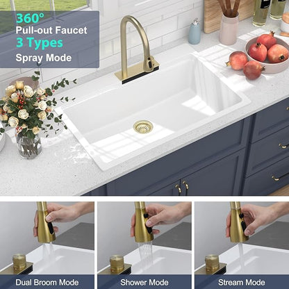 33x22 inch Drop In Kitchen Sink With Faucet White Waterfall Smart Granite Composite Workstation Kitchen Sink Top Mount Single Bowl 33"W x 22"D x 10"H