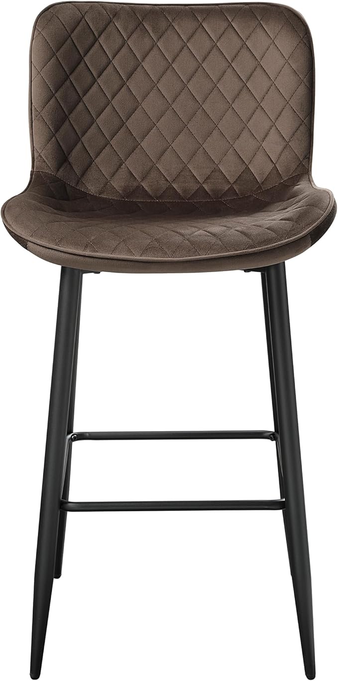Lexicon Bar Stools Set of 2 - Bar Height Stools for Dining Room, Kitchen, Solid Padded Back, Tall, Black Metal Finish and Brown Velvet Cushion Seat, 29''SH