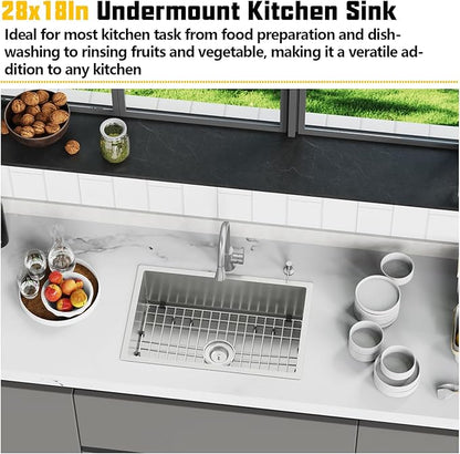 28x18 Inch Stainless Steel Kitchen Sink-Undermount Single Bowl Drop In Kitchen Sink Stylish And Modern Look Come With Bottom Grid,Silicon Mat And Drain Assembly Add Elegance & Enhance Usability
