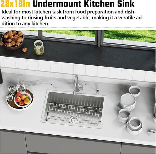 28x18 Inch Stainless Steel Kitchen Sink-Undermount Single Bowl Drop In Kitchen Sink Stylish And Modern Look Come With Bottom Grid,Silicon Mat And Drain Assembly Add Elegance & Enhance Usability