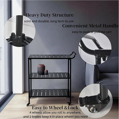 Modern Kitchen Bar Cart on Wheels Metal Rolling Serving Carts with 3 Tier for Storage Mobile Kitchen Island with Lockable Casters and Side Handle for Outdoor& Indoor -33.5 * 15.7 * 37.2inch(L*W*H)
