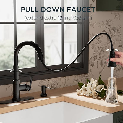 FORIOUS Vintage Kitchen Faucet with Soap Dispenser and Pull Down Sprayer, Matte Black High Arc Single Handle Stainless Steel Classic Sink Faucet for Farmhouse Camper Rv Bar, Fit for 1 or 3 Hole