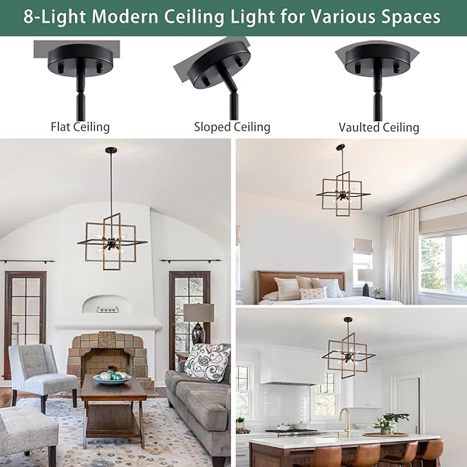 Farmhouse Chandelier, 8-Light Geometric Ceiling Light Fixture, 22” Height Adjustable Faux-Walnut Grain Metal Lamp for Foyer, Stairway, Living Room