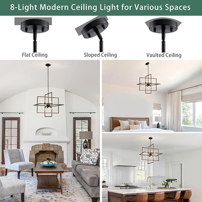 Farmhouse Chandelier, 8-Light Geometric Ceiling Light Fixture, 22” Height Adjustable Faux-Walnut Grain Metal Lamp for Foyer, Stairway, Living Room