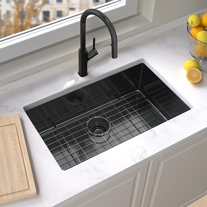 Kitchen Sink 30x18 Inch Undermount Kitchen Sink 16 Gauge Stainless Steel Single Bowl Gun Metal Black Finish with Accessories