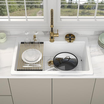 33 Granite Composite Kitchen Sink - Beslend 33x22 Drop In White Kitchen Sink with High Pressure Glass Rinser, Granite Composite Worksation White Sinks Easy Clean Quartz Basin for Kitchen Remodel