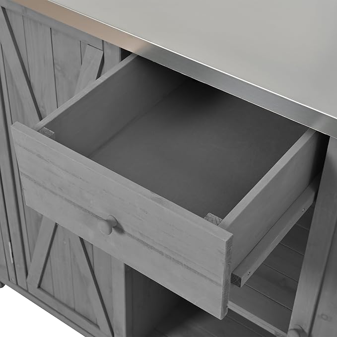 YOPTO Outdoor Kitchen Island Fir Wood Kitchen Island with Stainless Steel Top,Ample Storage Space,Towel and Spice Racks and a Bottle Opener for Outdoor,Grey