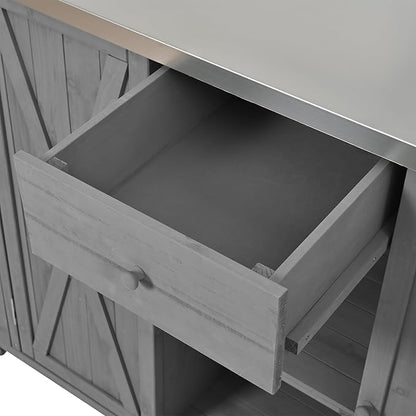 YOPTO Outdoor Kitchen Island Fir Wood Kitchen Island with Stainless Steel Top,Ample Storage Space,Towel and Spice Racks and a Bottle Opener for Outdoor,Grey